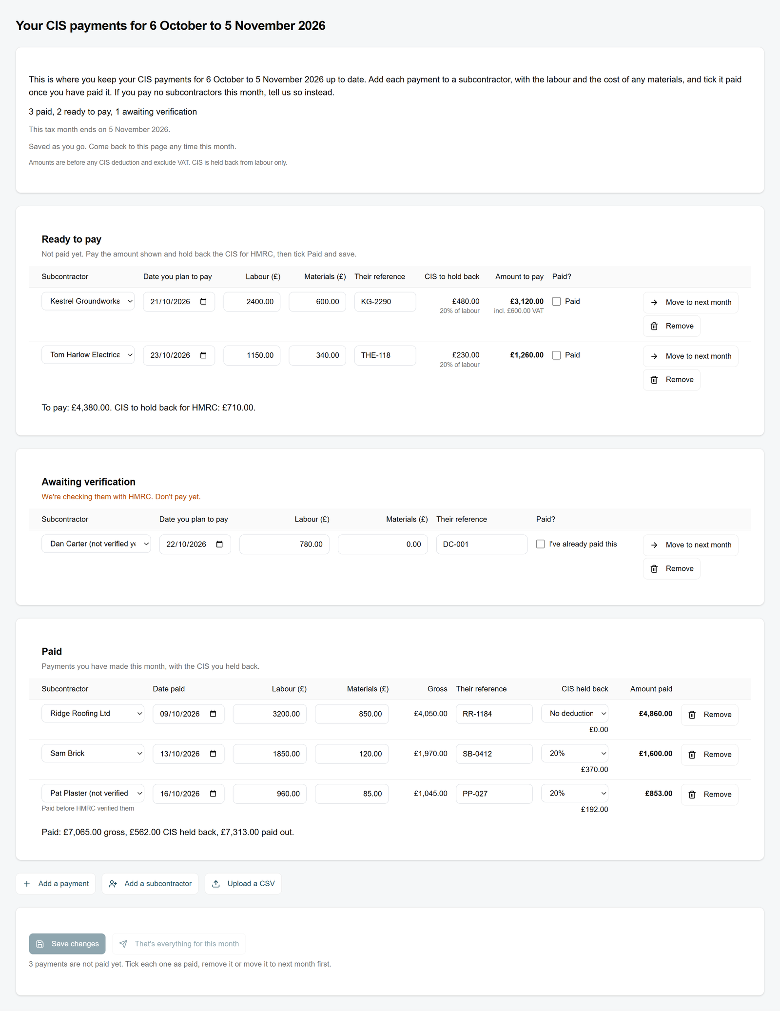 A client's CIS page for the tax month in the practice's portal, listing payments made and payments coming up