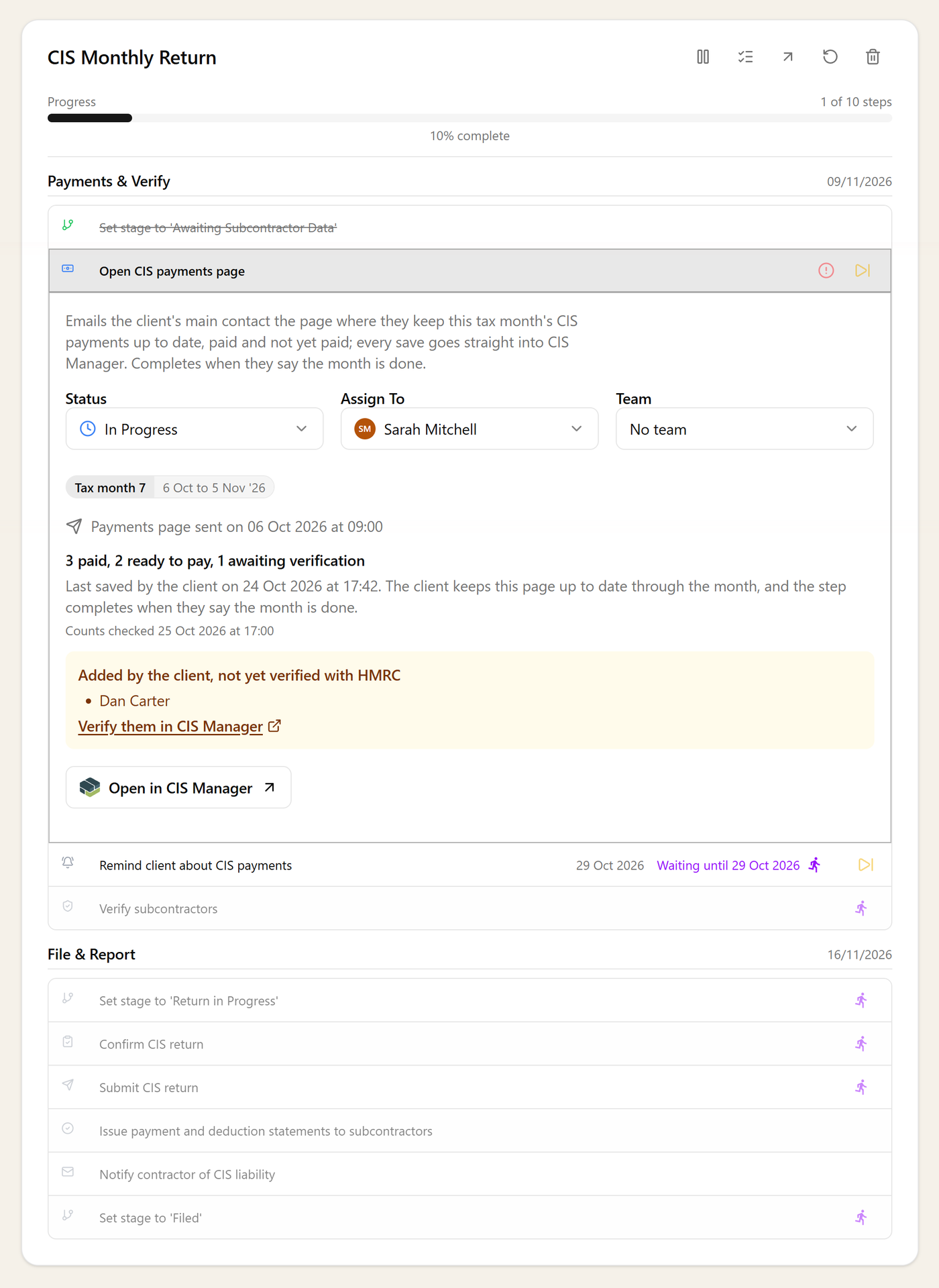 The Open CIS payments page step on a client's CIS task in Sodium