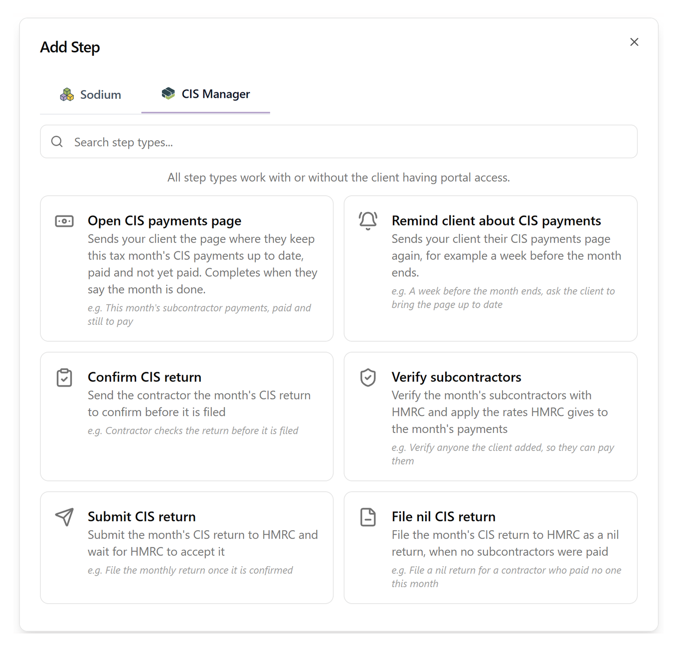 Choosing a CIS step to add to a workflow in Sodium