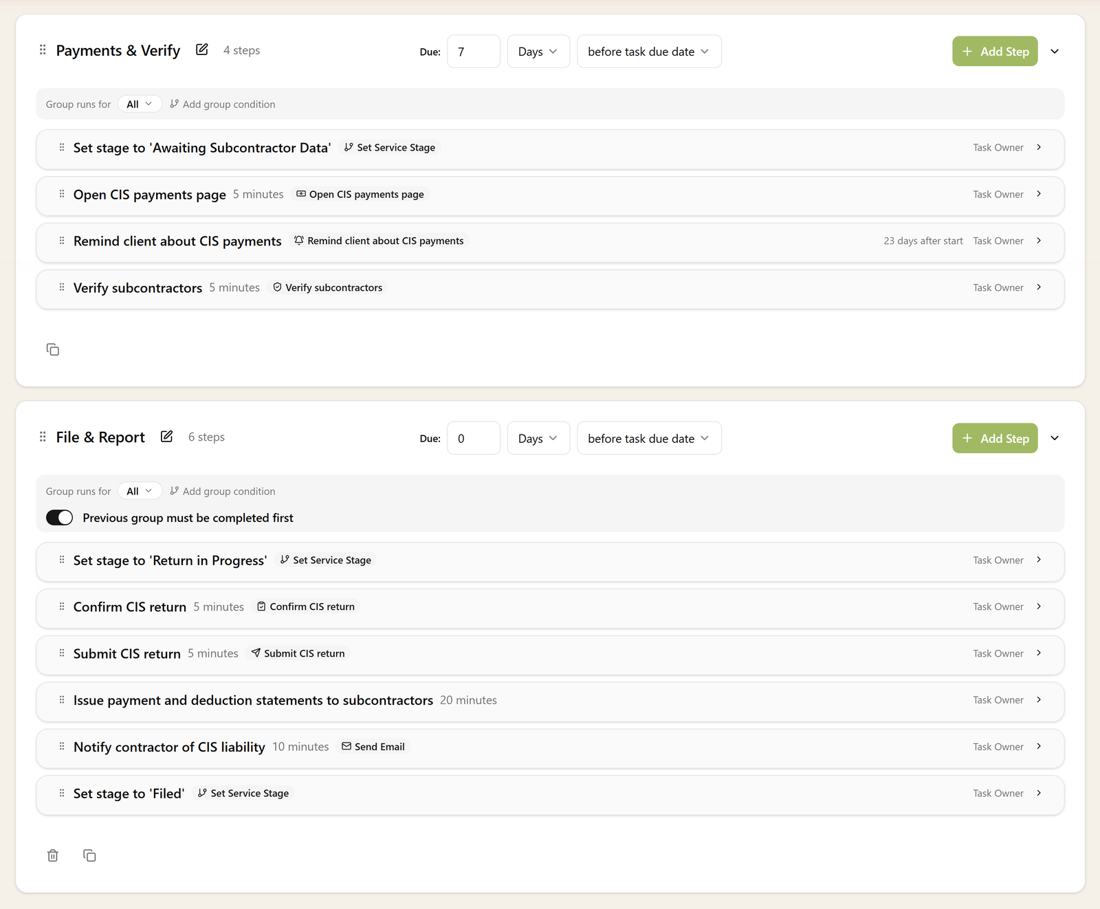 The CIS workflow in Sodium's workflow library, with its steps for the tax month in order