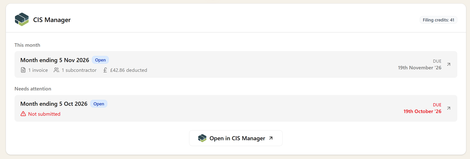 The CIS tab on a client record in Sodium, with the client's CIS details and monthly returns
