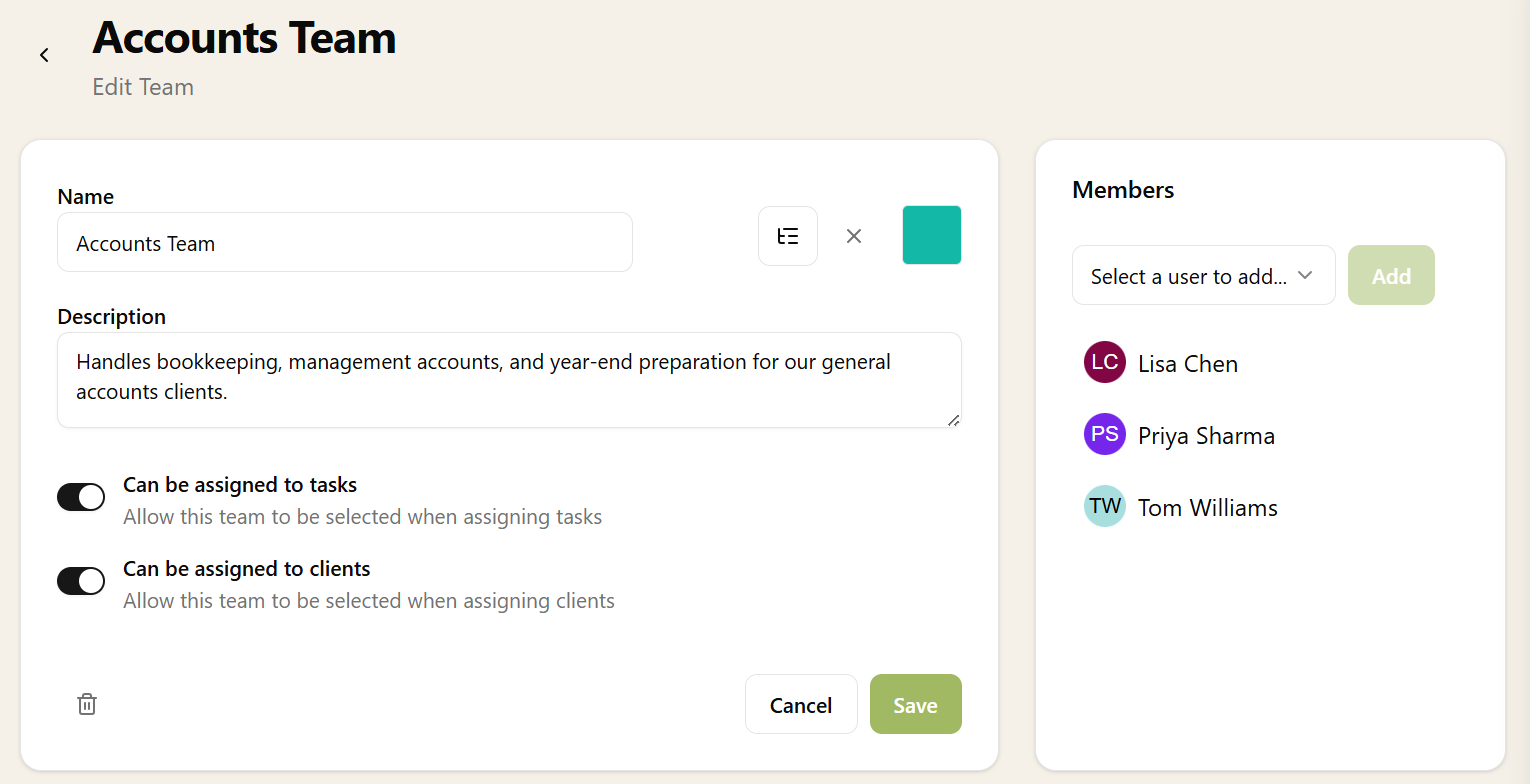 Team settings showing the Accounts Team with members, colour, and toggles for task and client assignment