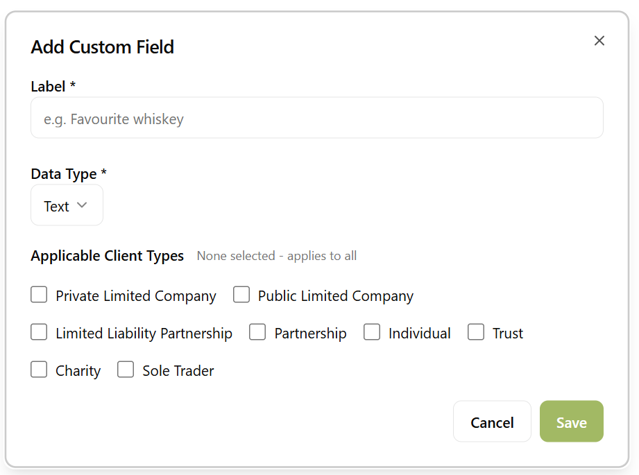 Add custom field dialog showing field type selection and client type checkboxes