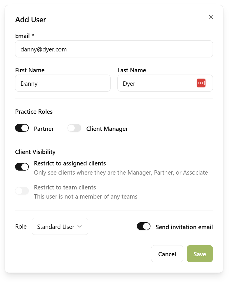 Add user dialog showing email, name, role, and client access restriction options