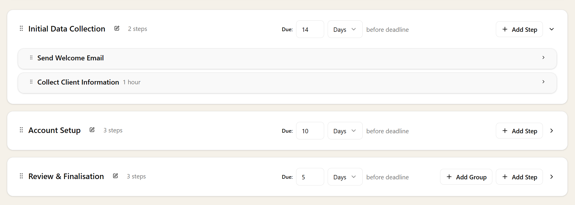 AI-generated workflow steps showing Initial Data Collection, Account Setup, and Review & Finalisation groups