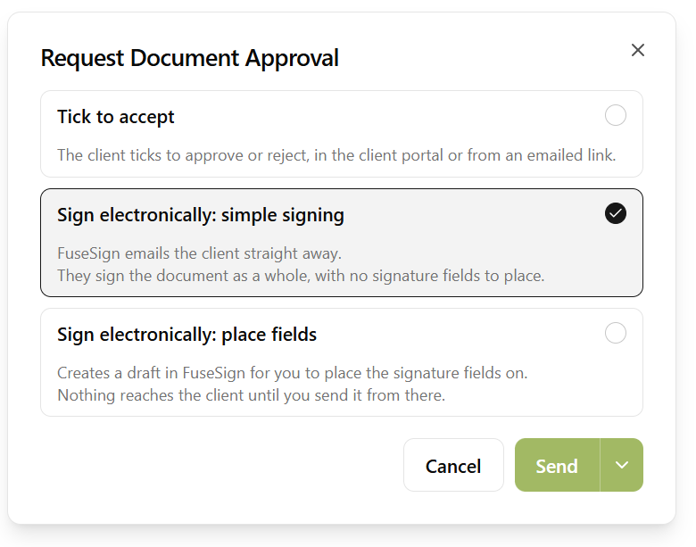 The approval method choice when requesting client approval: Tick to accept, Sign electronically: simple signing, or Sign electronically: place fields