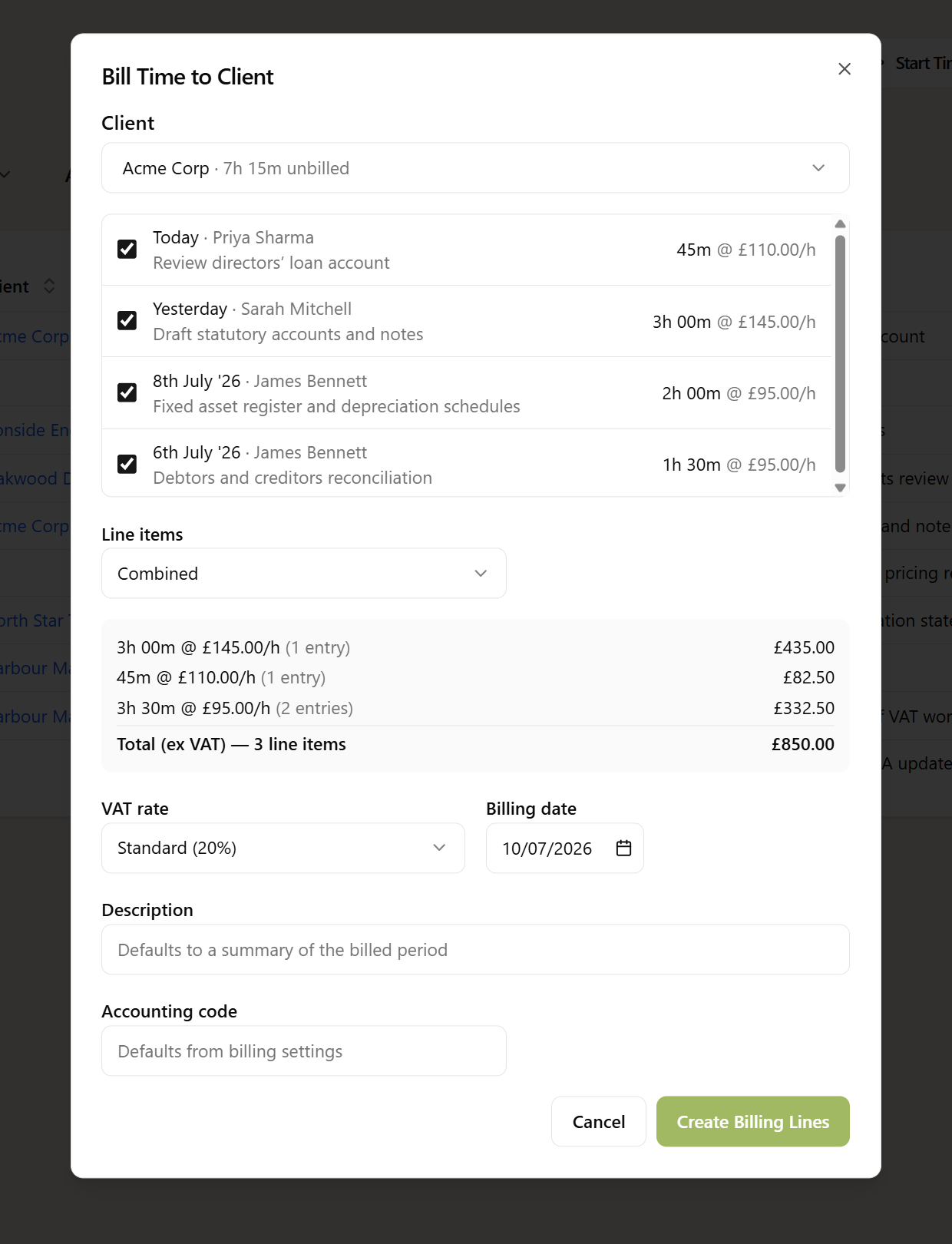 Bill Time dialog converting unbilled entries into billing line items with a preview