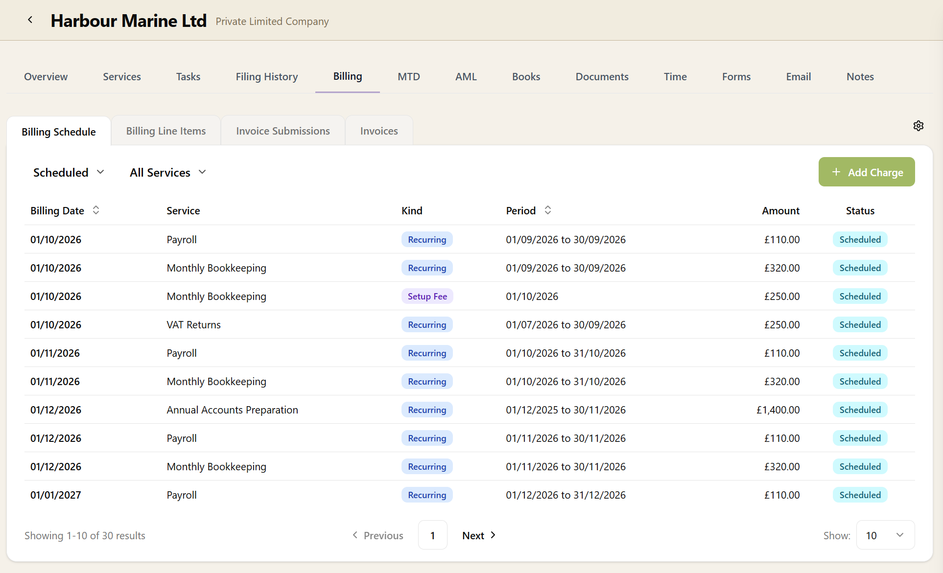 A client's Billing Schedule listing scheduled charges by billing date, each with its service, kind, period, amount and status
