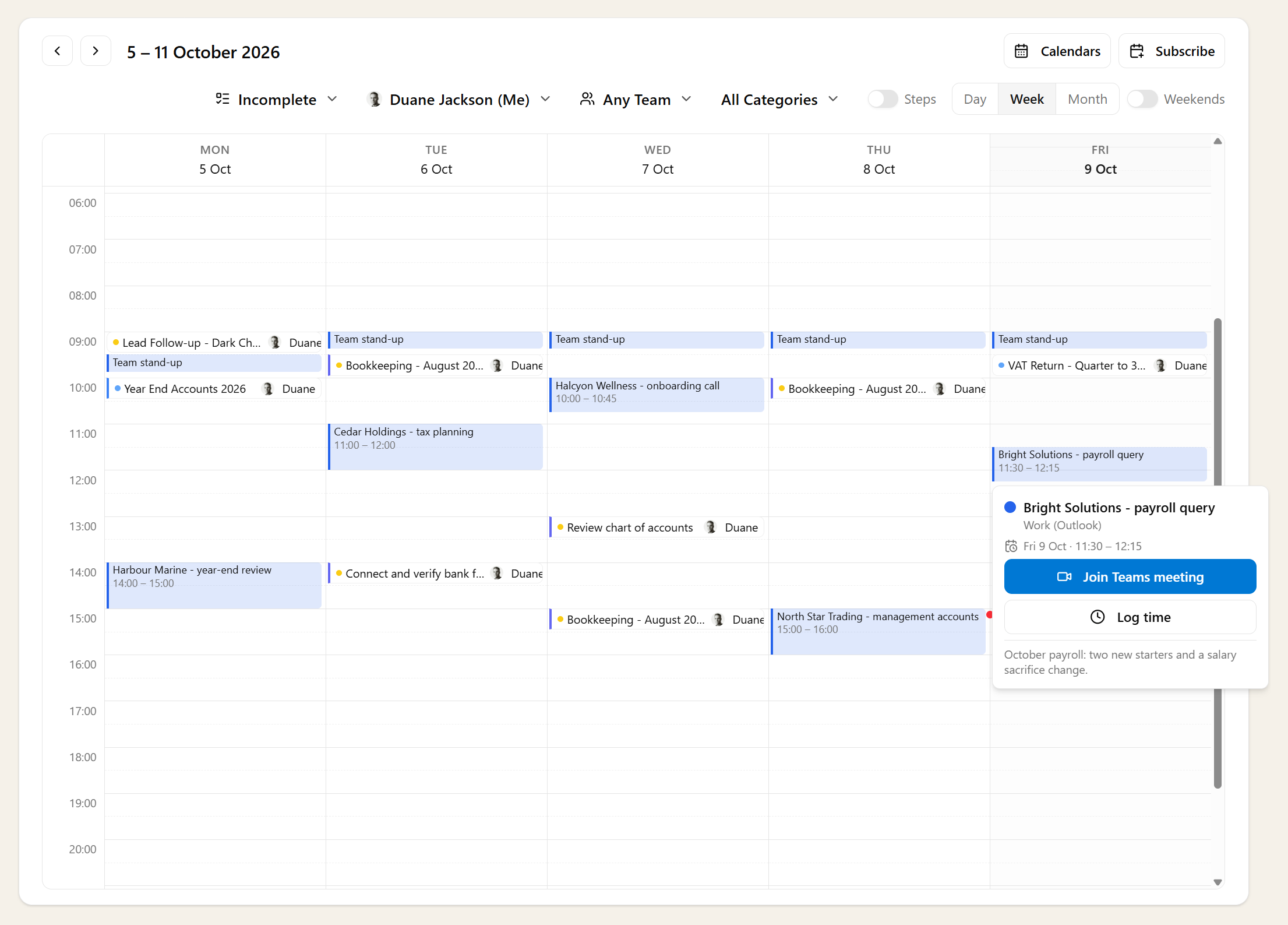 The task calendar week view with Outlook meetings shown among tasks, and one meeting open showing its calendar, time, a Join Teams meeting button and a Log time button
