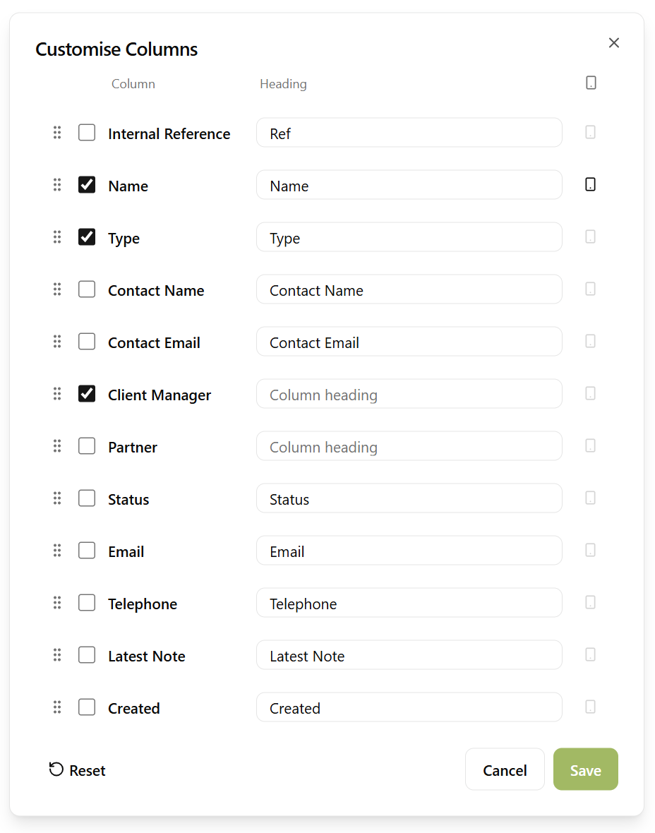 Customise Columns dialog for the client list, with checkboxes to show or hide each column, editable headings, and drag handles to reorder