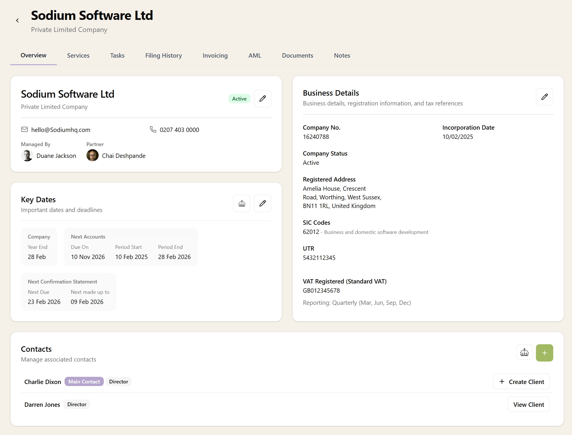 Client record showing overview, business details, key dates, and contacts for a limited company