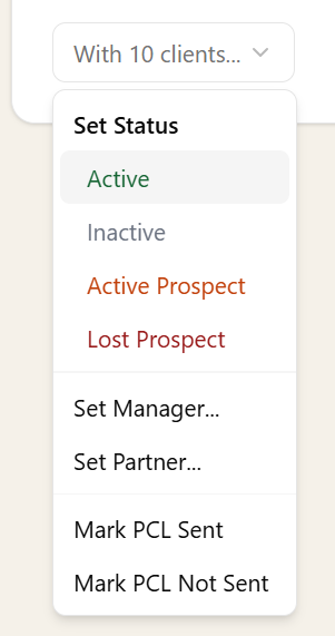 Bulk actions dropdown showing options to set status, manager, partner, and PCL status for 10 selected clients