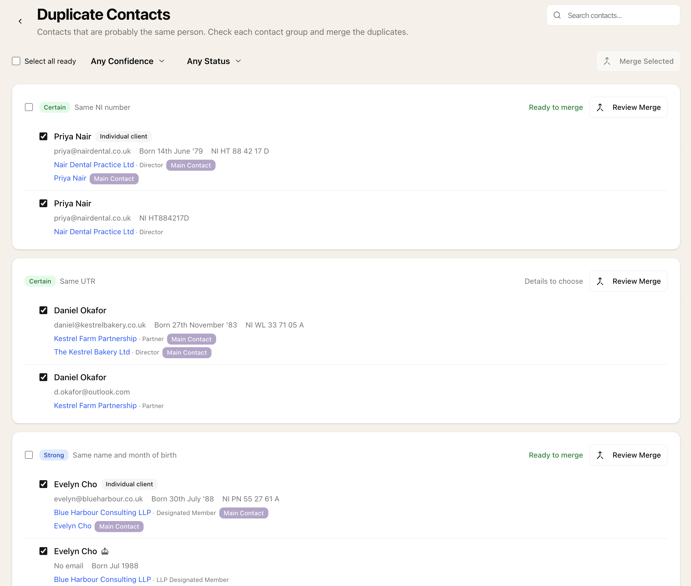 The Duplicate Contacts page showing contact groups graded Certain and Strong, with the reason for each and whether it is ready to merge
