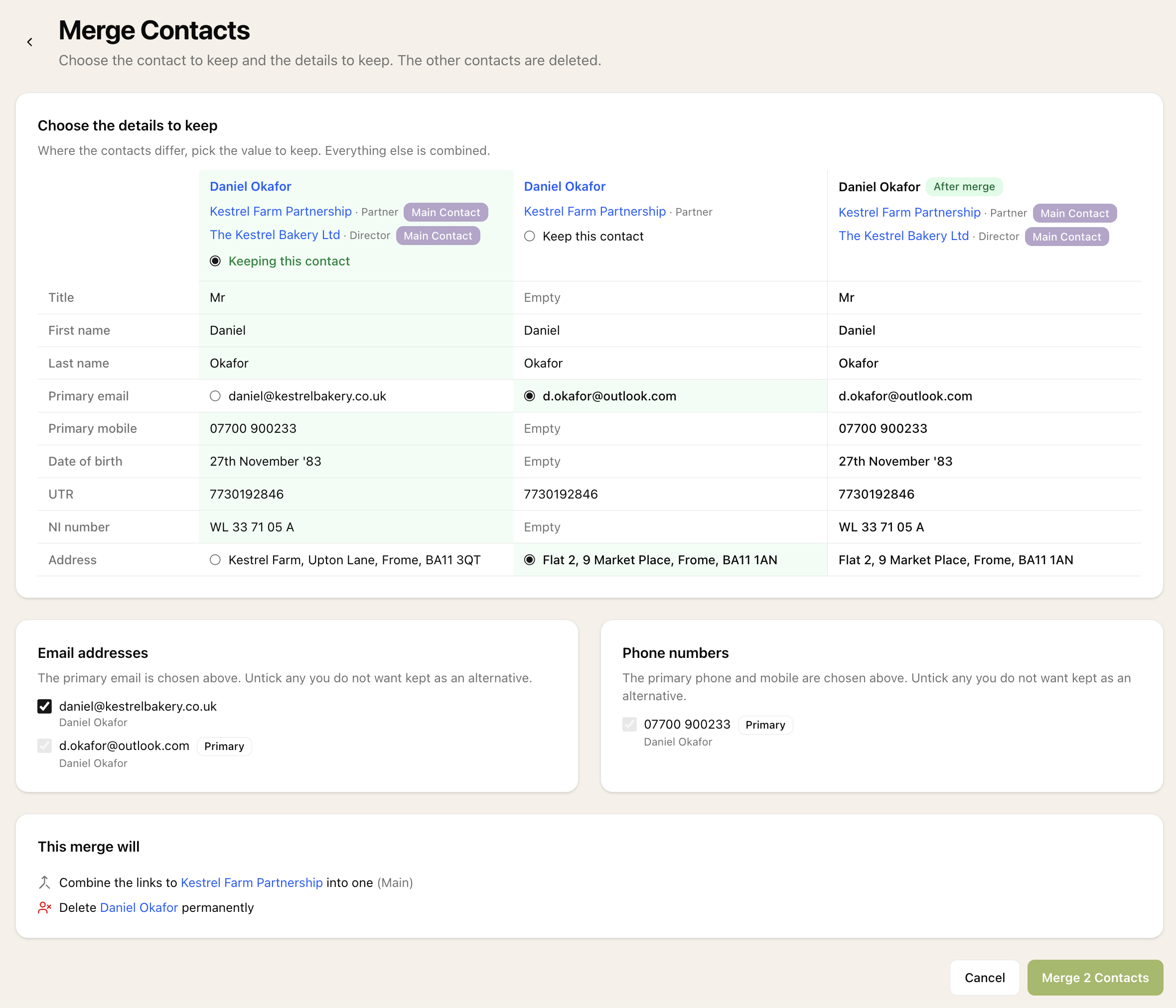 The merge screen showing two contacts side by side, a choice of email and address, and the merged contact in an after merge column