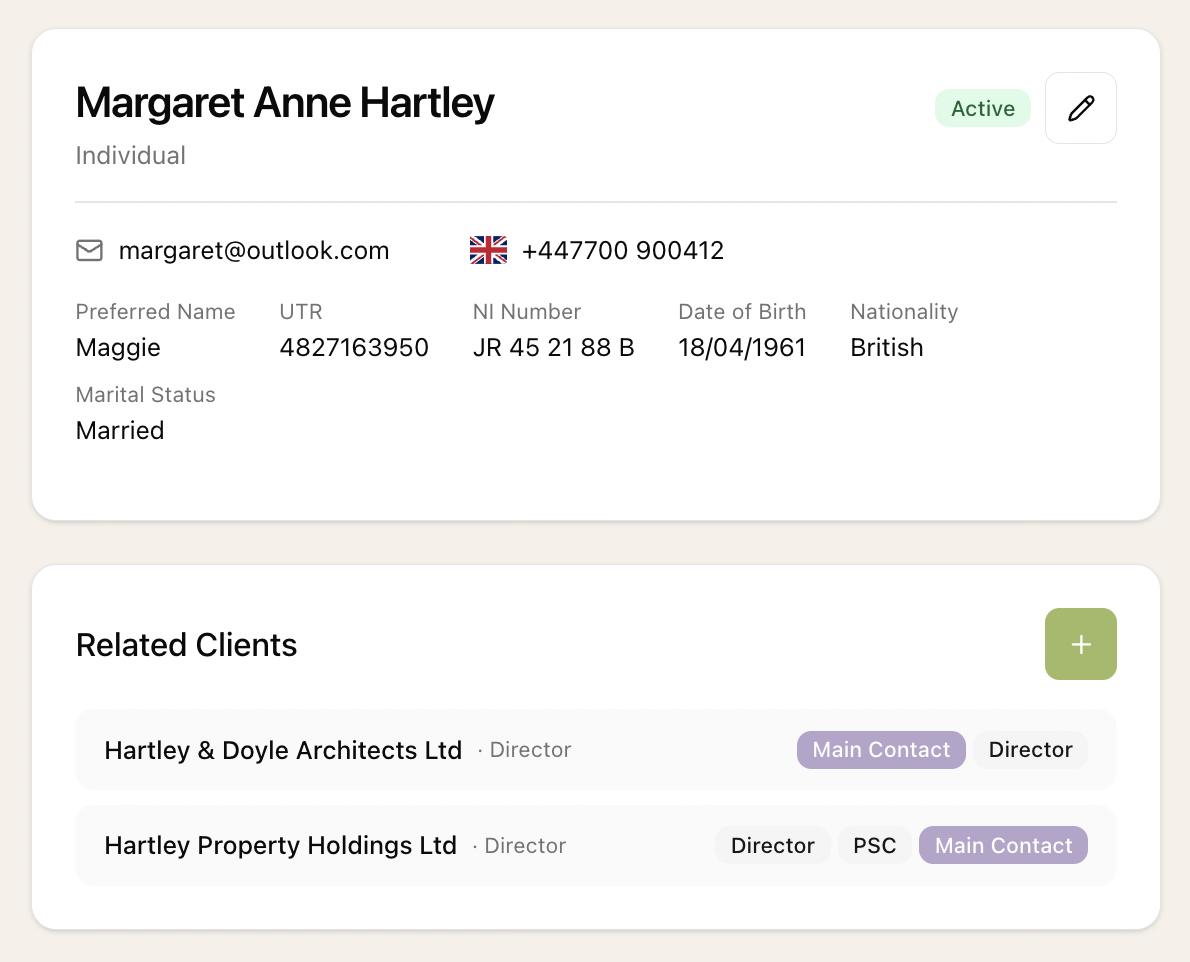 A person's record in Sodium showing their details and the two companies they are linked to, as director, PSC and main contact