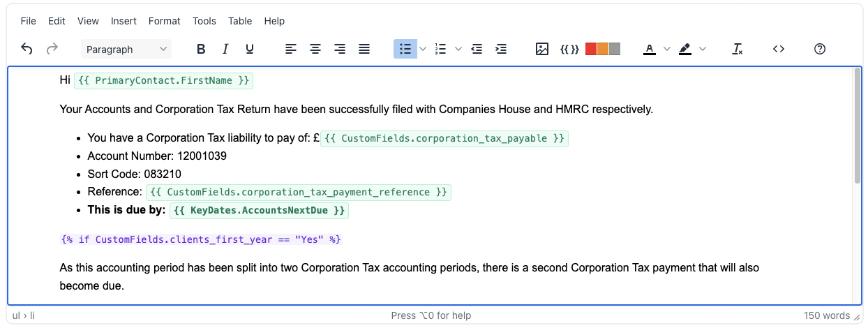 Template editor showing a client email with variables highlighted in green and a condition highlighted in purple