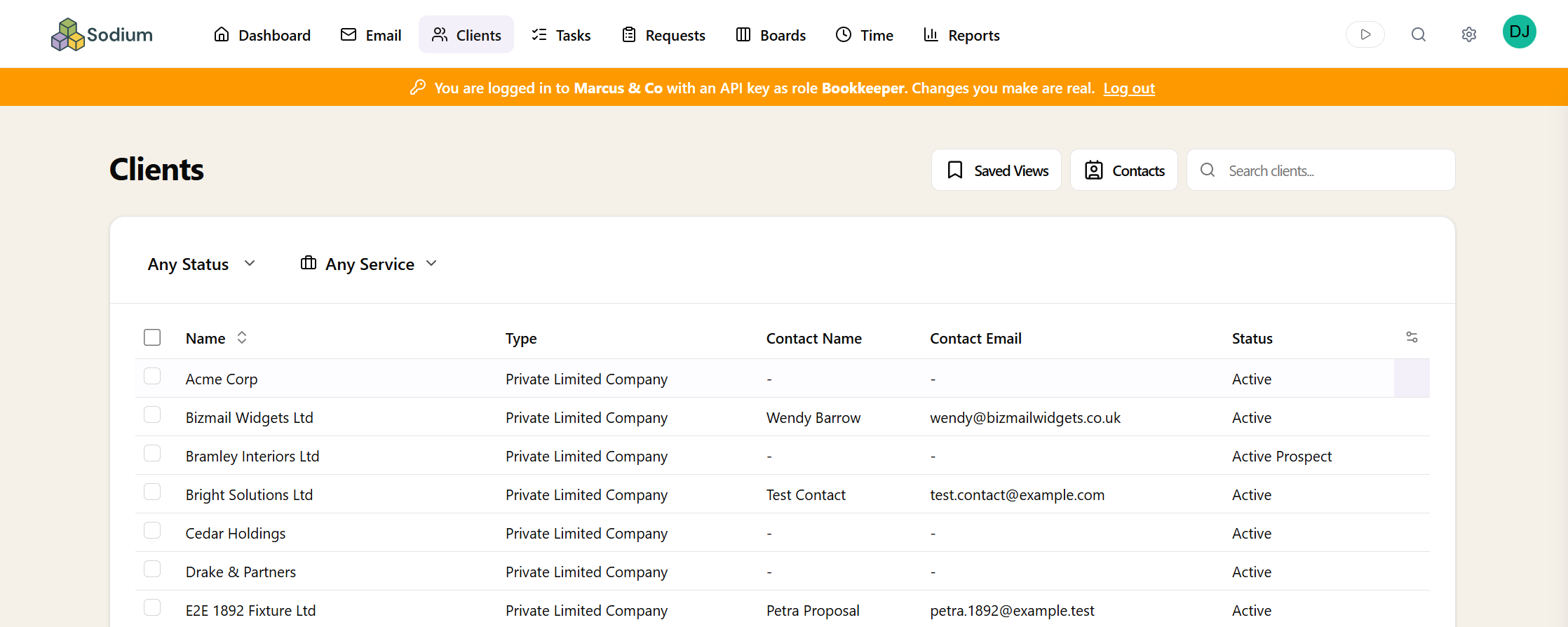 The app in a role test session — an orange banner reads 'You are logged in with an API key as role Bookkeeper' and the navigation shows only the sections that role can reach