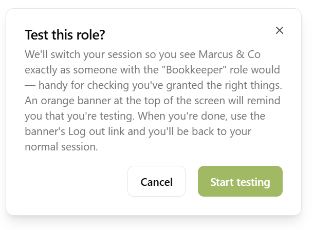 Test this role confirmation dialog explaining that your session will switch to show the practice as someone with that role would see it