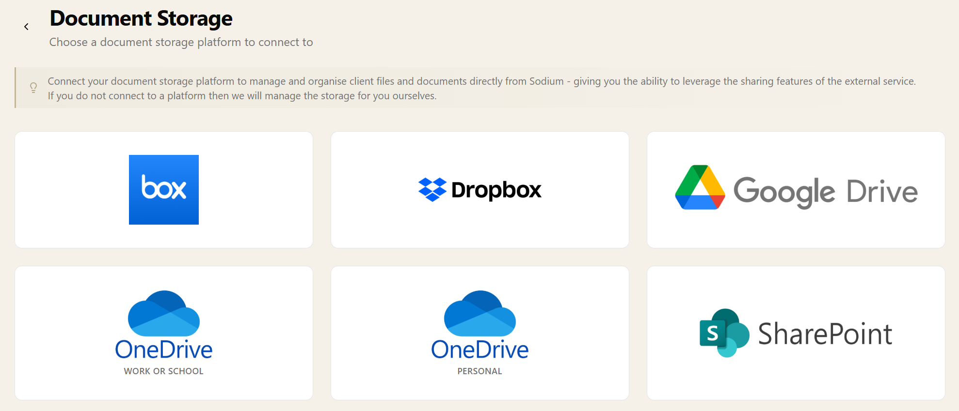 Document storage settings showing the choice of platforms to connect: Box, Dropbox, Google Drive, OneDrive (work or school), OneDrive (personal), and SharePoint