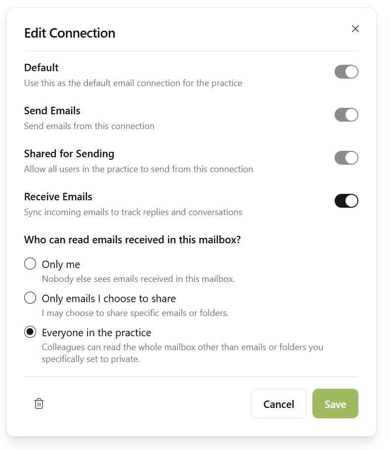 The Edit Connection dialog with Receive Emails on and the choice of who can read emails received in this mailbox: Only me, Only emails I choose to share, or Everyone in the practice