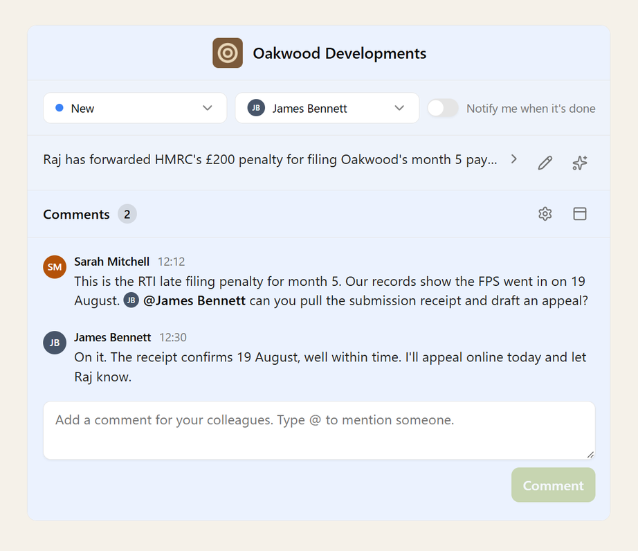 Internal comments on a client email, one mentioning a colleague, with a box to add another