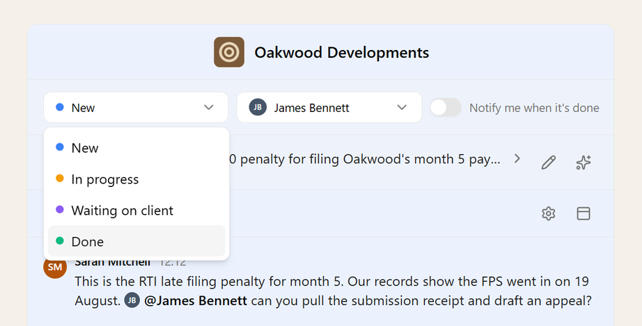 A conversation's status picker open, with Done about to be chosen