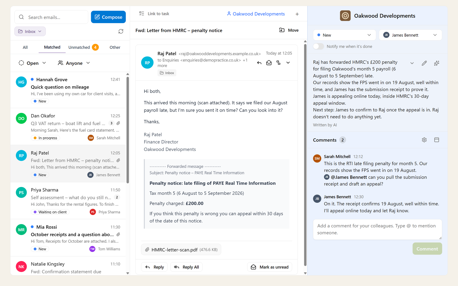 The triage inbox: conversations with a coloured status and an owner, and an open client email with its status, owner, summary and team comments beside it