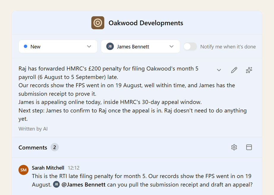 An AI-written summary of a client conversation, under its status and owner and above the team's comments
