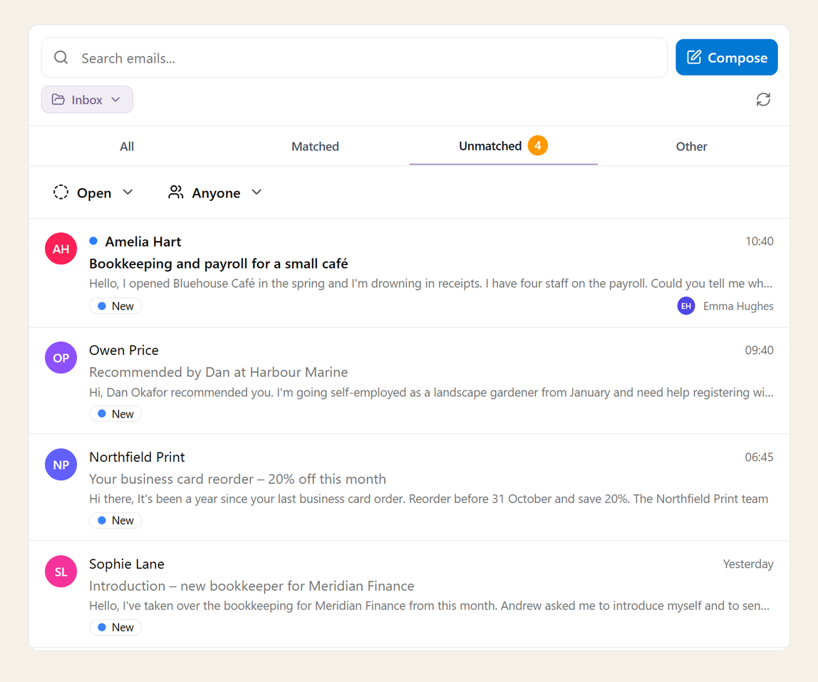 The Unmatched view: emails from new senders, kept apart from the Matched client emails and the Other noise, waiting for someone to place them
