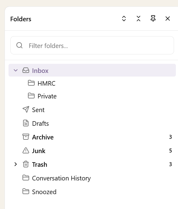 The mailbox folder tree in Sodium: Inbox with HMRC and Private subfolders, Sent, Drafts, Archive, Junk, Trash and other Outlook folders, each with its unread count