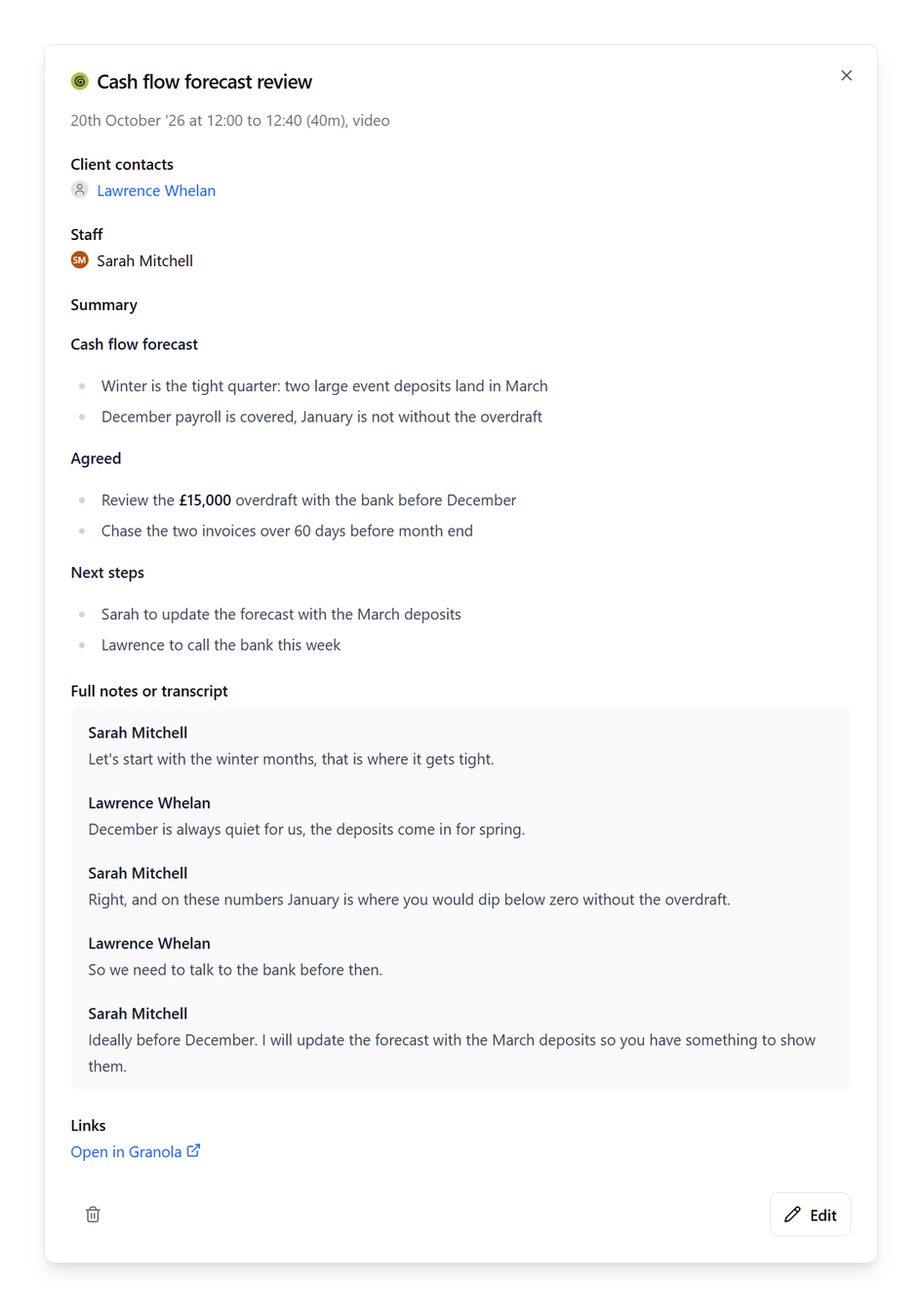 A meeting imported from Granola, showing the client contact and staff member who attended, Granola's summary with its headings and bullet points, the full transcript by speaker, and a link to open the meeting in Granola