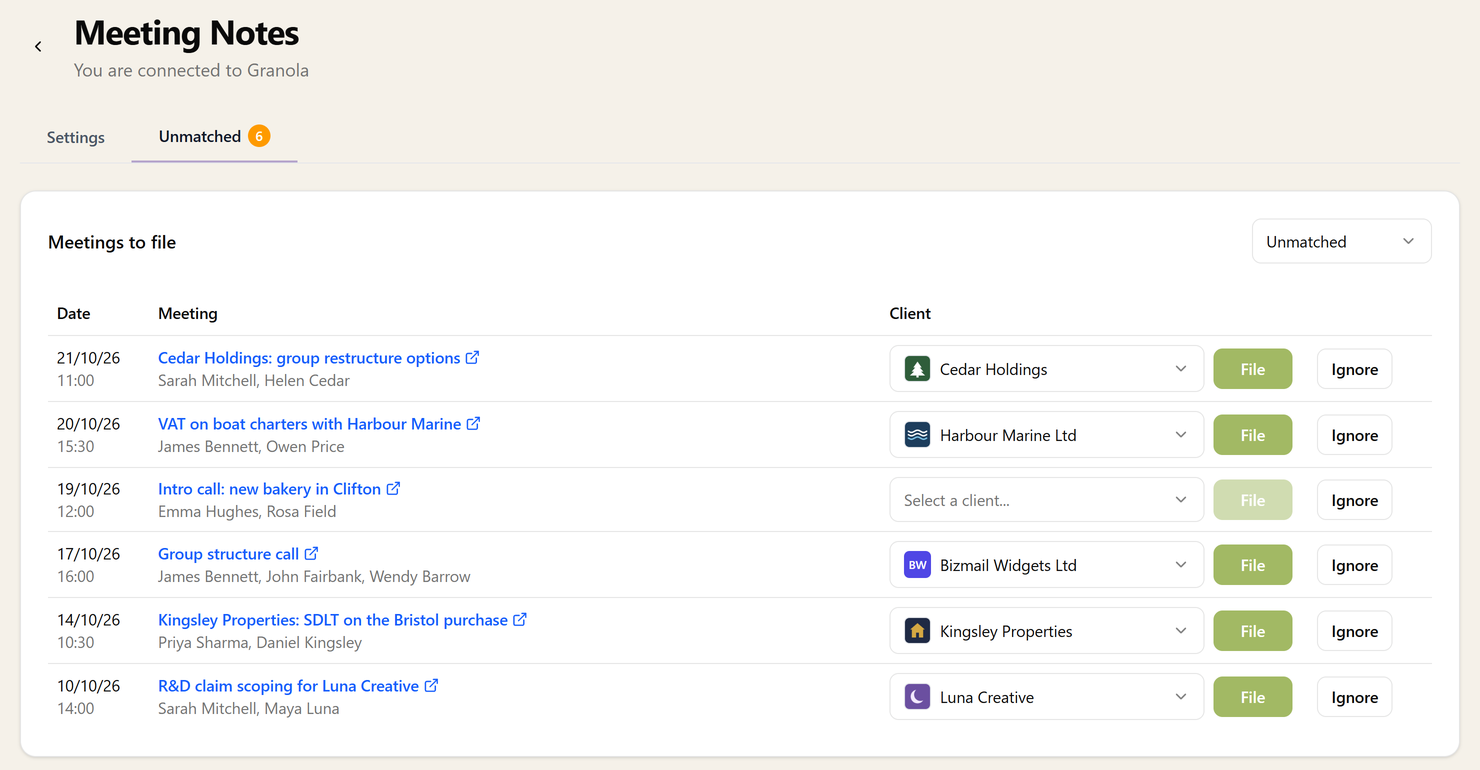 The Unmatched tab listing meetings from Granola with their date, time, title and attendees, each with a client already suggested and buttons to file or ignore it