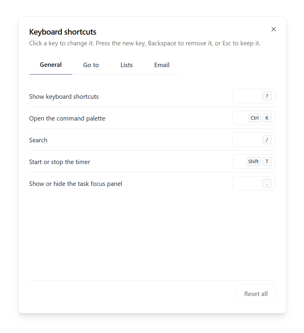 The keyboard shortcuts sheet, with tabs for General, Go to, Lists and Email, listing each command beside its key