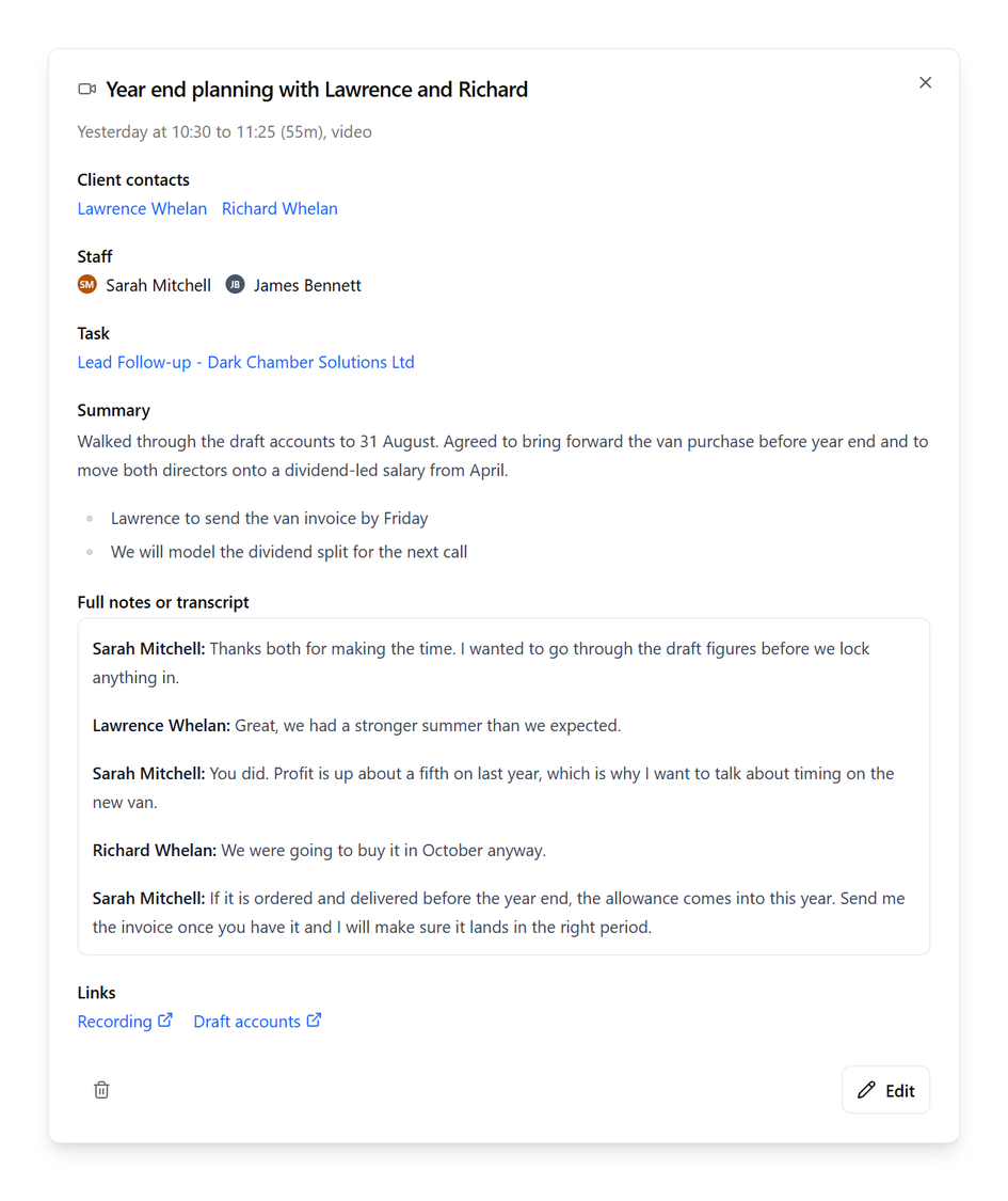 A meeting opened from the list, showing when it took place, the client contacts and staff who attended, the related task, the summary, the transcript and links to the recording and draft accounts