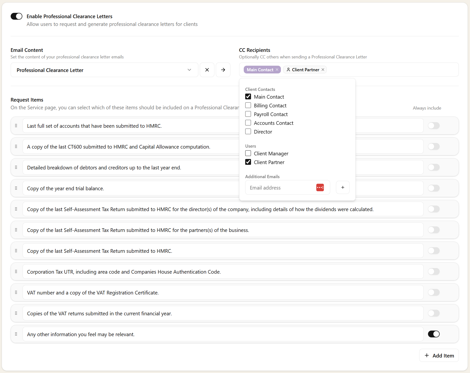 PCL Settings page showing enable toggle, email content configuration, and request items list