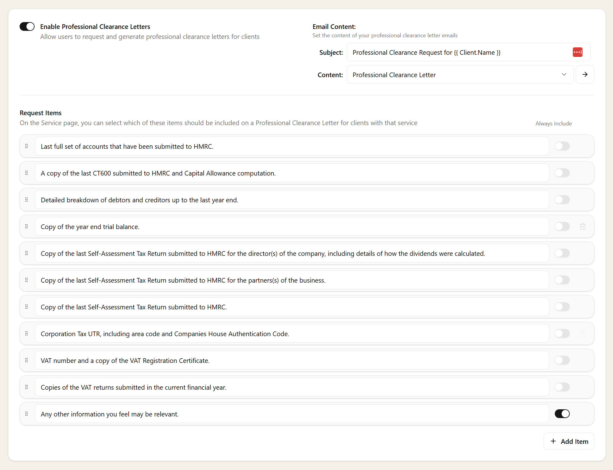 PCL Settings page showing enable toggle, email content configuration, and request items list