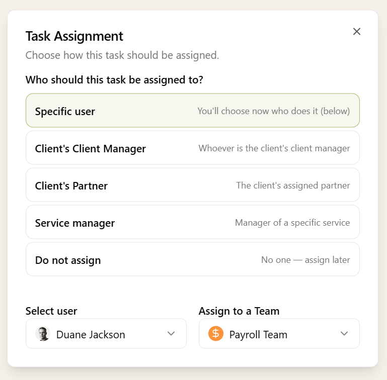 Choosing how a recurring task is assigned: a specific user, the client's client manager or partner, the service manager, or left unassigned, plus user and team selection
