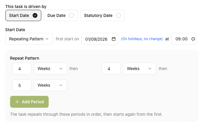 A recurring task set to a repeating pattern: four weeks, then four weeks, then five weeks, with an Add Period button