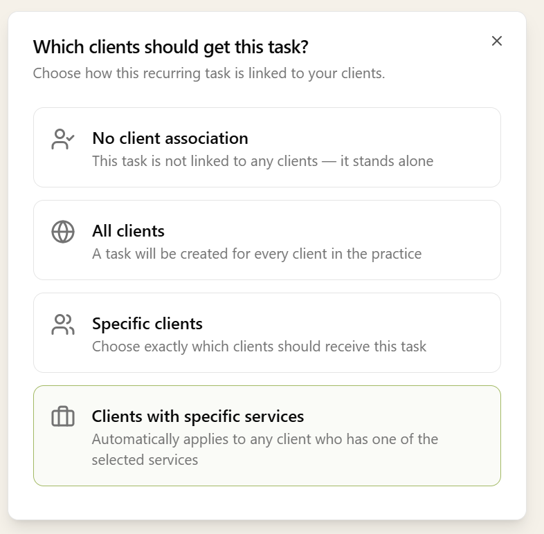 Choosing which clients a recurring task applies to: no client association, all clients, specific clients, or clients with specific services