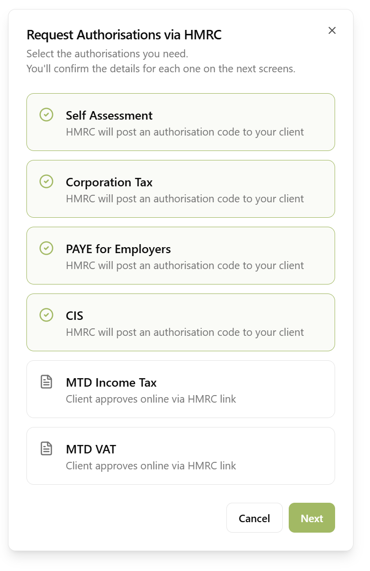 Request Authorisations via HMRC dialog showing Self Assessment, Corporation Tax, PAYE for Employers and CIS selected