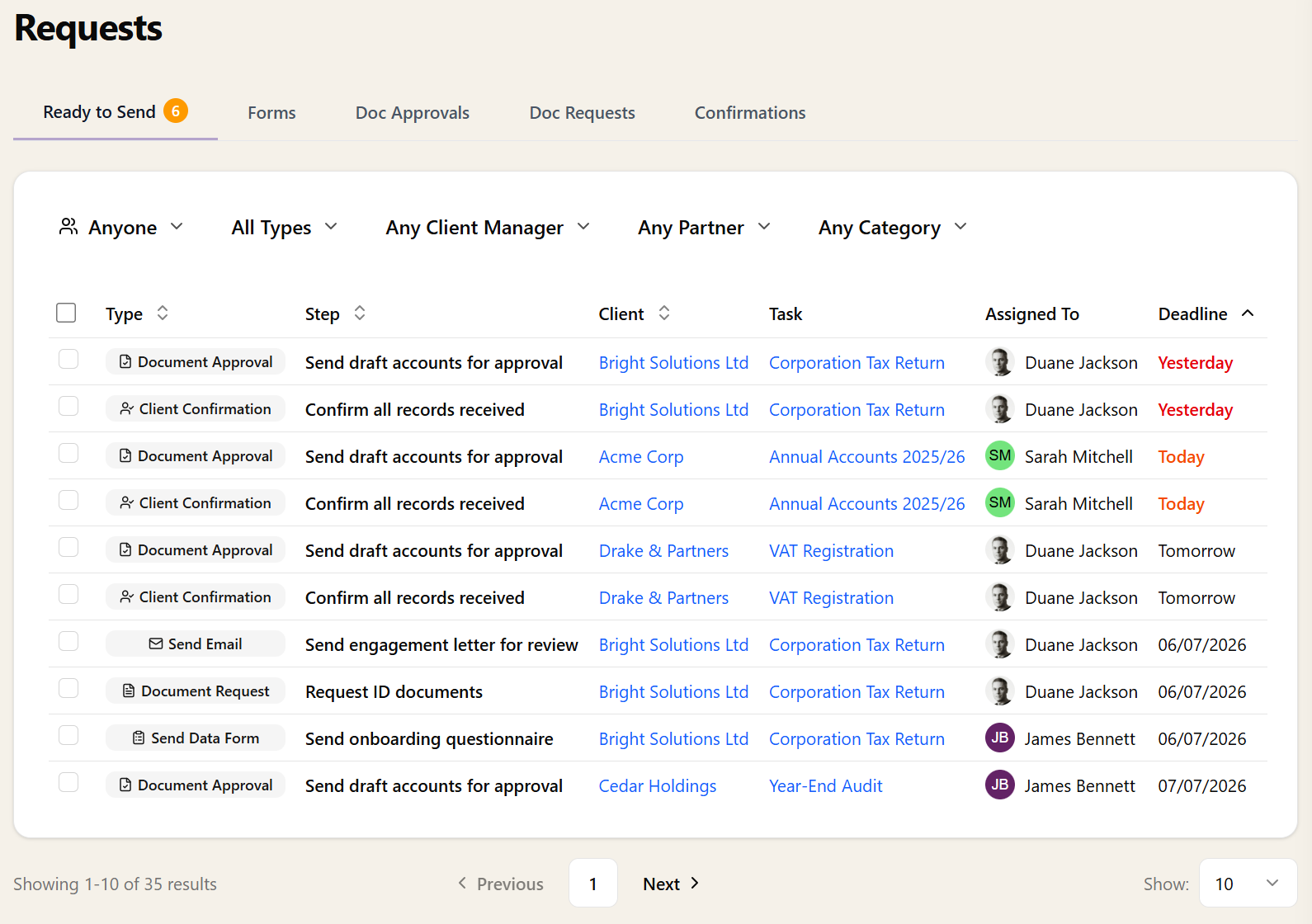 The Ready to Send tab showing pending workflow steps across multiple clients, with step type badges, deadlines, and assigned user