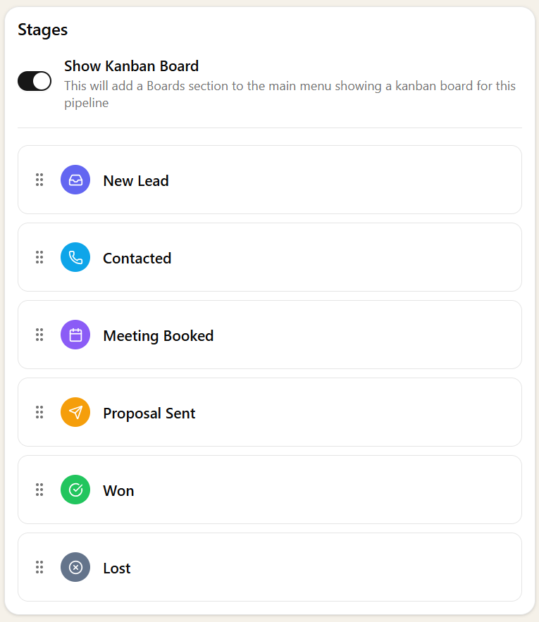 Pipeline stage editor with draggable, colour-coded stages and the Show Kanban Board toggle