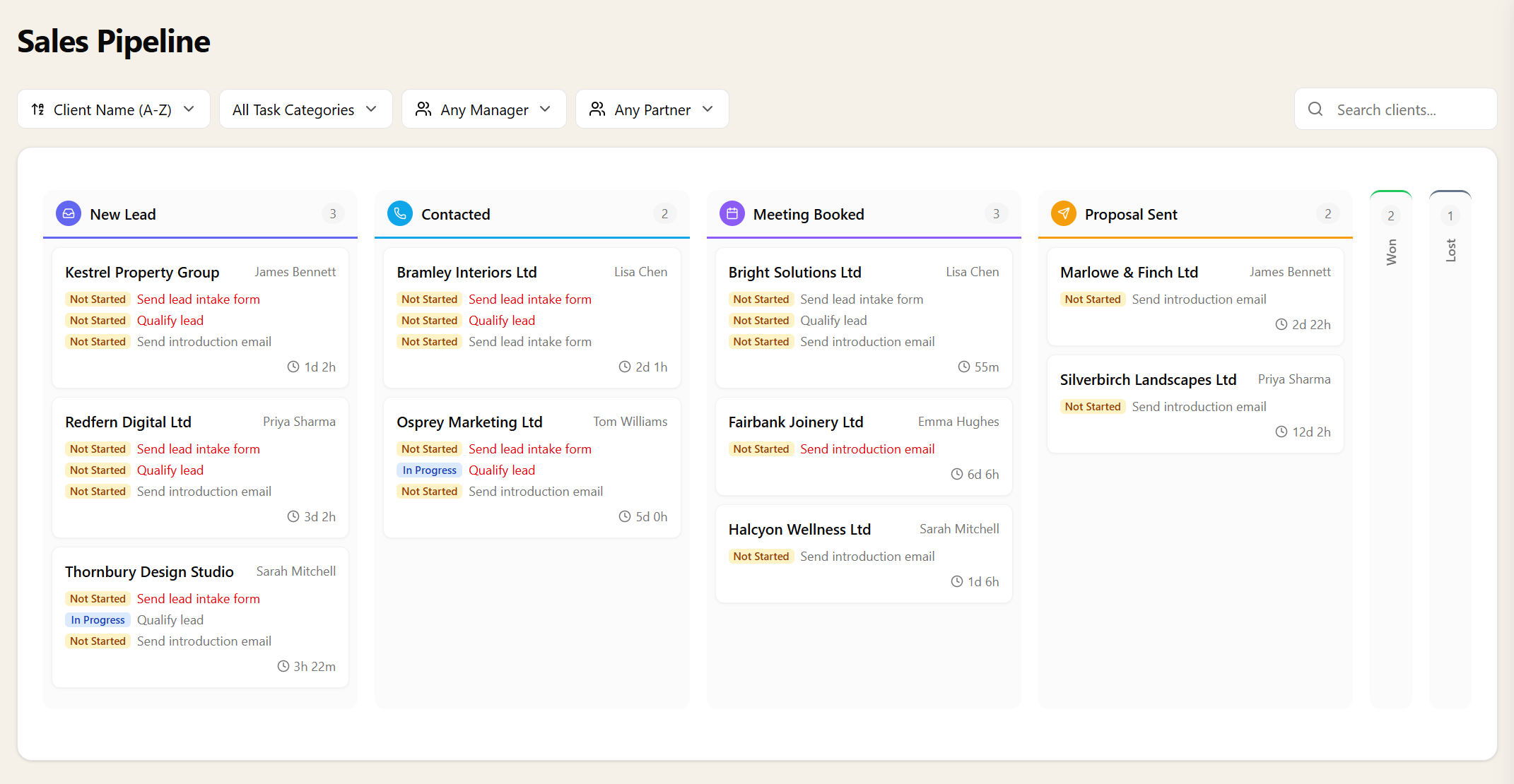 Sales pipeline kanban board in Sodium with prospect cards, their open tasks and time-in-stage across colour-coded stage columns