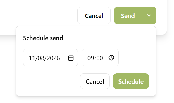 The Schedule send popover open under a green Send button, with a date and time chosen and a Schedule button to confirm