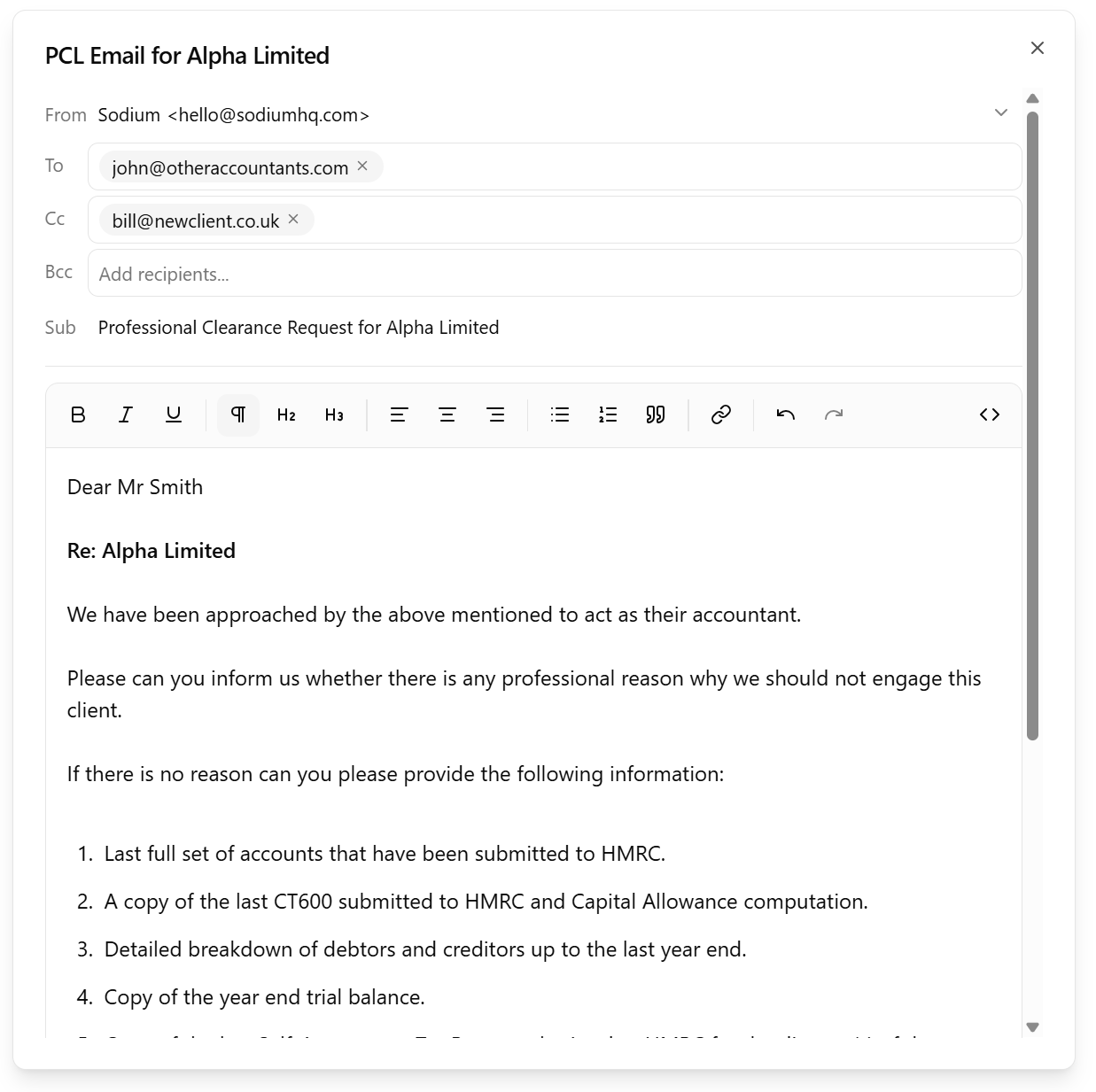 Send Professional Clearance Letter dialog showing email address, postal address, salutation fields, and clearance items list