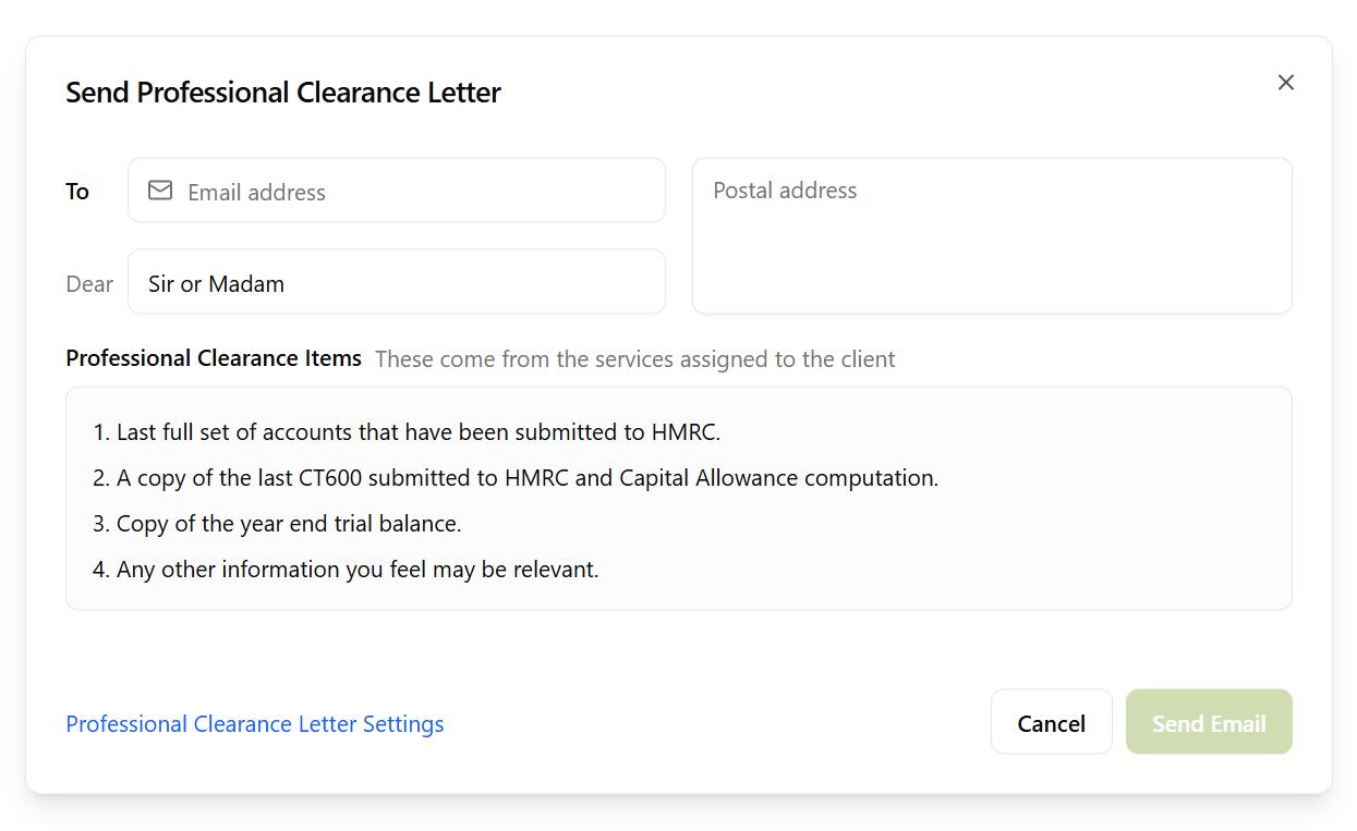 Send Professional Clearance Letter dialog showing email address, postal address, salutation fields, and clearance items list