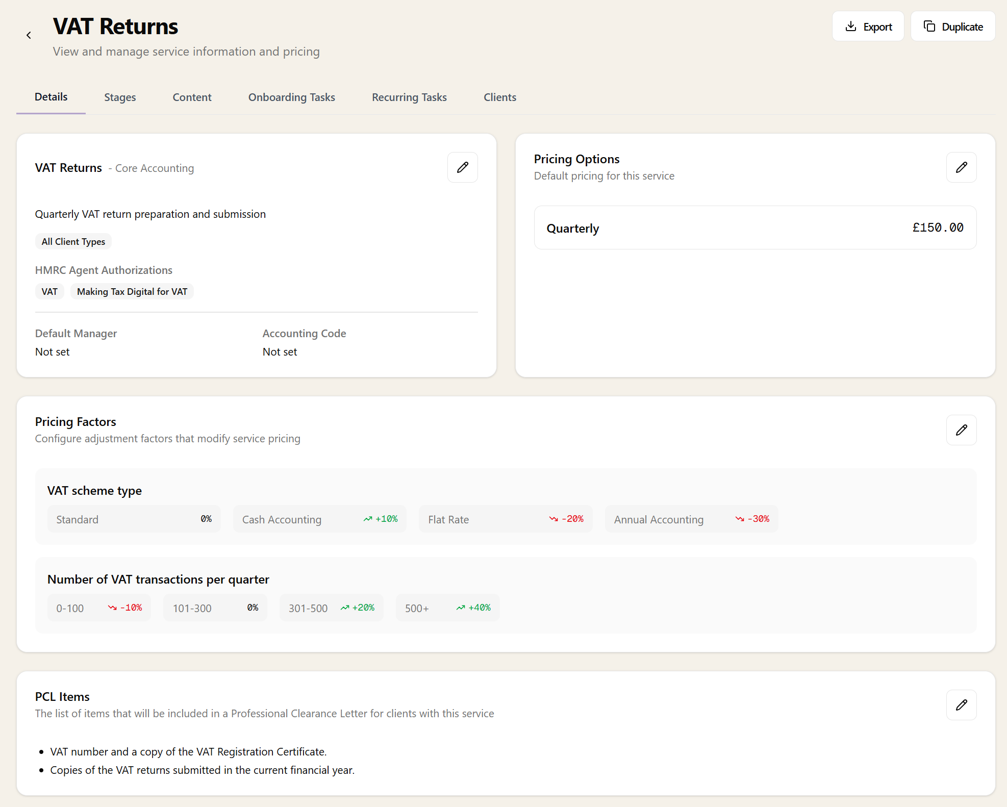 A VAT Returns service in Sodium showing pricing options, pricing factors for VAT scheme type and transaction volume, and PCL items