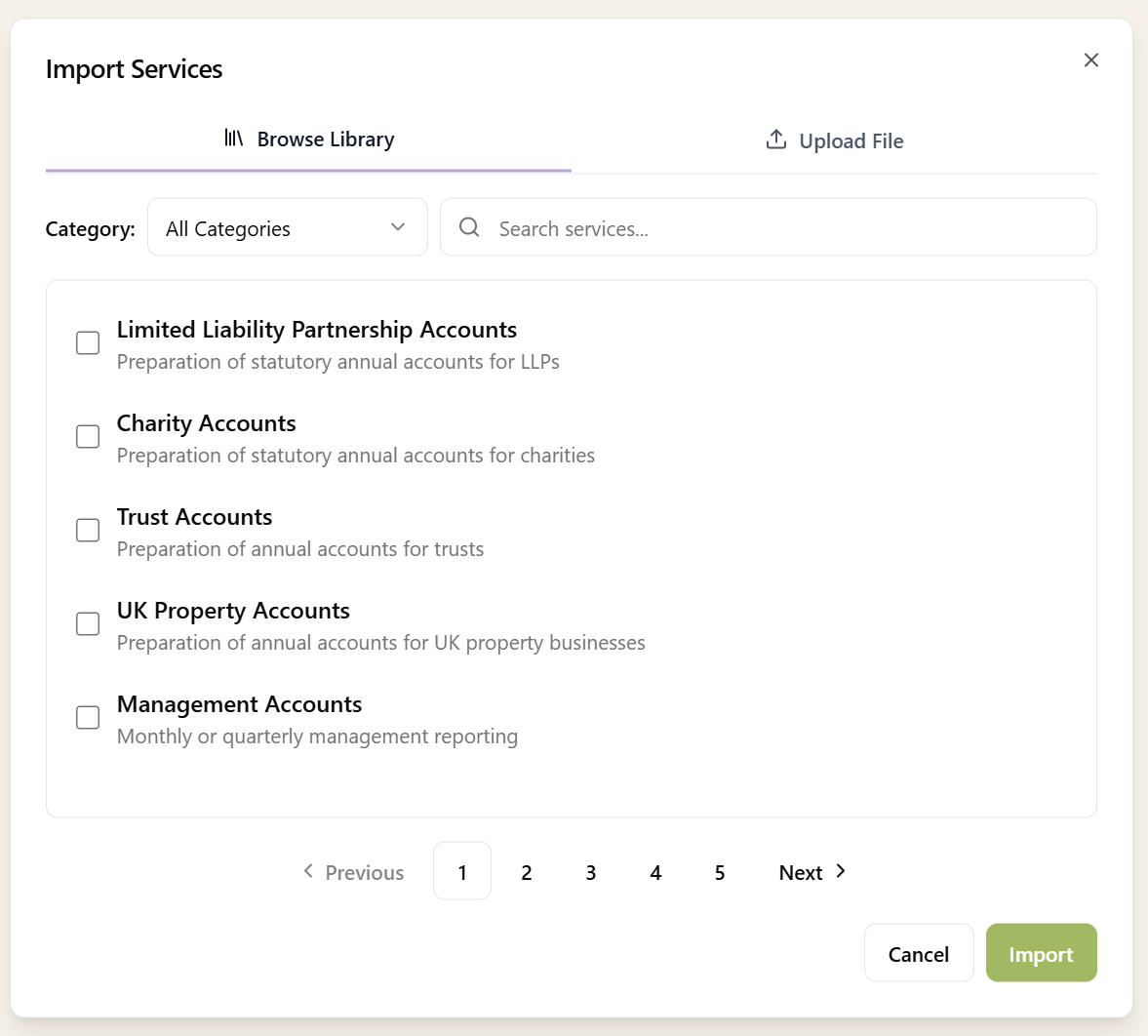 Importing services from the Sodium library, browsing pre-configured services like LLP, charity, trust, and management accounts by category