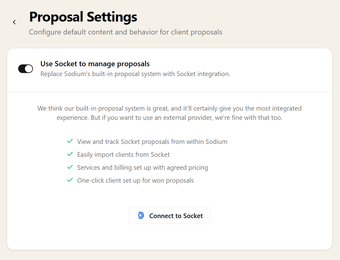 Socket proposal settings in Sodium showing the connection configuration