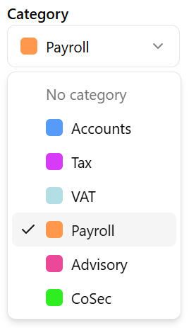 Task category dropdown showing colour-coded categories including Accounts, Tax, VAT, Payroll, Advisory, and CoSec